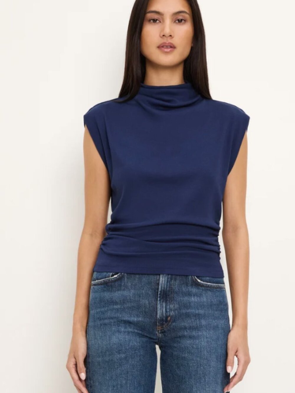 Michael Stars Amara Mock Neck Power Shoulder Top Blue Sz Medium